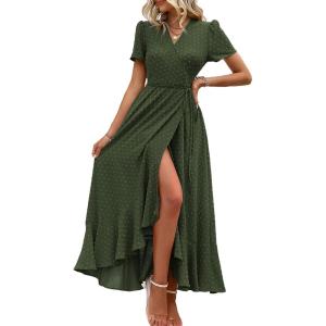 imagePRETTYGARDEN Womens Boho Floral Maxi Dress Summer Short Sleeve Wrap V Neck Long Flowy Beach Vacation Wedding Guest DressesZarmy Green