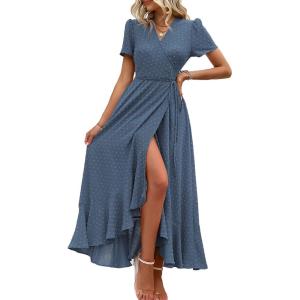 imagePRETTYGARDEN Womens Boho Floral Maxi Dress Summer Short Sleeve Wrap V Neck Long Flowy Beach Vacation Wedding Guest DressesZblue