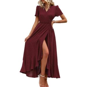 imagePRETTYGARDEN Womens Boho Floral Maxi Dress Summer Short Sleeve Wrap V Neck Long Flowy Beach Vacation Wedding Guest DressesZwine Red