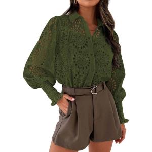 imagePRETTYGARDEN Womens Fall Button Down Shirts Dressy Casual Spring Long Puff Sleeve Eyelet Loose Fit Collared Blouse TopArmy Green