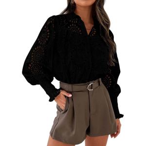 imagePRETTYGARDEN Womens Fall Button Down Shirts Dressy Casual Spring Long Puff Sleeve Eyelet Loose Fit Collared Blouse TopBlack