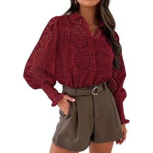 imagePRETTYGARDEN Womens Fall Button Down Shirts Dressy Casual Spring Long Puff Sleeve Eyelet Loose Fit Collared Blouse TopWine Red