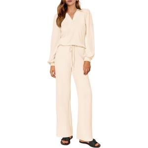 imagePRETTYGARDEN Womens Fall Clothes Two Piece Outfit Set Long Sleeve Lapel V Neck Tops Blouses Wide Leg Pants Ribbed Tracksuit