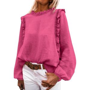 imagePRETTYGARDEN Womens Fall Fashion Blouse Dressy Casual Long Sleeve Crewneck Ruffle Loose Pullover Tops Shirt