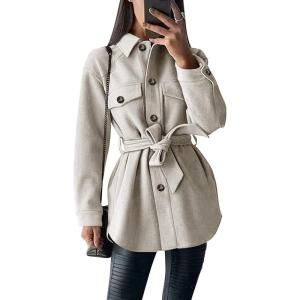 imagePRETTYGARDEN Womens Fall Fashion Winter Trench Coats Lapel Button Down Peacoat Belted Outerwear Casual Jackets Grey WhiteSmall