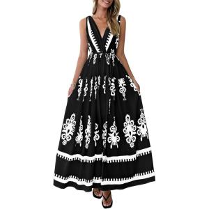 imagePRETTYGARDEN Womens Floral Maxi Dress 2026 Sleeveless Vneck Belt Ruffle Long Dresses Boho Summer Beach Vacation ClothesBlack