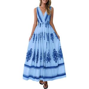 imagePRETTYGARDEN Womens Floral Maxi Dress 2026 Sleeveless Vneck Belt Ruffle Long Dresses Boho Summer Beach Vacation ClothesBlue
