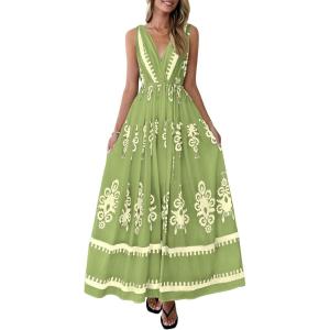 imagePRETTYGARDEN Womens Floral Maxi Dress 2026 Sleeveless Vneck Belt Ruffle Long Dresses Boho Summer Beach Vacation ClothesGreen