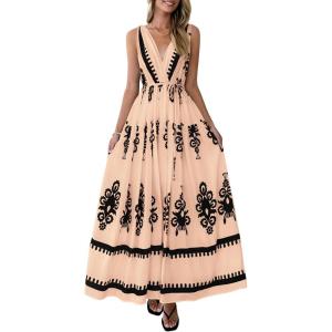 imagePRETTYGARDEN Womens Floral Maxi Dress 2026 Sleeveless Vneck Belt Ruffle Long Dresses Boho Summer Beach Vacation ClothesKhaki