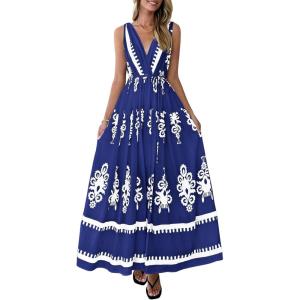 imagePRETTYGARDEN Womens Floral Maxi Dress 2026 Sleeveless Vneck Belt Ruffle Long Dresses Boho Summer Beach Vacation ClothesNavy Blue