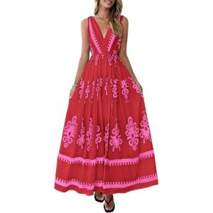 imagePRETTYGARDEN Womens Floral Maxi Dress 2026 Sleeveless Vneck Belt Ruffle Long Dresses Boho Summer Beach Vacation ClothesRed