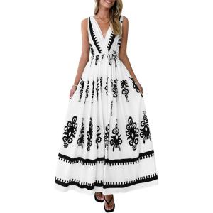 imagePRETTYGARDEN Womens Floral Maxi Dress 2026 Sleeveless Vneck Belt Ruffle Long Dresses Boho Summer Beach Vacation ClothesWhite Black Flower
