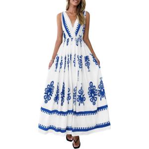 imagePRETTYGARDEN Womens Floral Maxi Dress 2026 Sleeveless Vneck Belt Ruffle Long Dresses Boho Summer Beach Vacation ClothesWhite Blue Flower