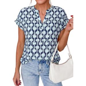 imagePRETTYGARDEN Womens Floral Print Short Sleeve Summer Tops 2026 Trendy V Neck Loose Boho Shirts Casual Work BlousesFloral Navy Blue