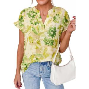imagePRETTYGARDEN Womens Floral Print Short Sleeve Summer Tops 2026 Trendy V Neck Loose Boho Shirts Casual Work BlousesGreen