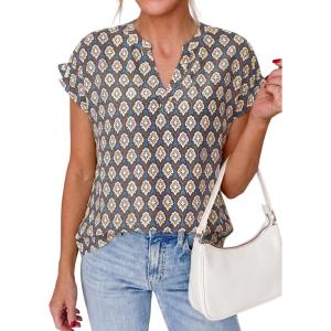 imagePRETTYGARDEN Womens Floral Print Short Sleeve Summer Tops 2026 Trendy V Neck Loose Boho Shirts Casual Work BlousesGrey Blue