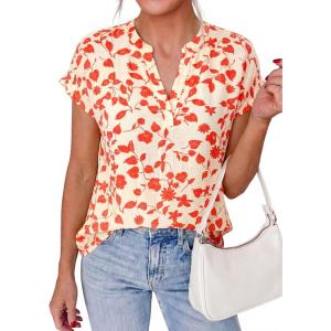 imagePRETTYGARDEN Womens Floral Print Short Sleeve Summer Tops 2026 Trendy V Neck Loose Boho Shirts Casual Work BlousesLight Apricot Orange Flower
