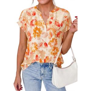 imagePRETTYGARDEN Womens Floral Print Short Sleeve Summer Tops 2026 Trendy V Neck Loose Boho Shirts Casual Work BlousesOrange