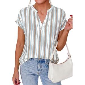 imagePRETTYGARDEN Womens Floral Print Short Sleeve Summer Tops 2026 Trendy V Neck Loose Boho Shirts Casual Work BlousesStriped White Red Brown