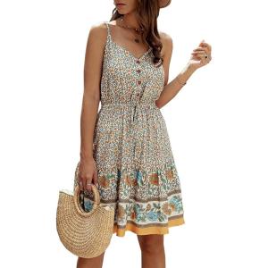 imagePRETTYGARDEN Womens Floral V Neck Spaghetti Strap Button Down Sundress Swing Ruffle Summer Mini Short Dress