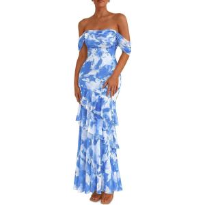 imagePRETTYGARDEN Womens Formal Cocktail Maxi Dresses 2026 Summer Off Shoulder Floral Mesh Bodycon Spring Wedding Guest DressFloral Blue