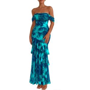 imagePRETTYGARDEN Womens Formal Cocktail Maxi Dresses 2026 Summer Off Shoulder Floral Mesh Bodycon Spring Wedding Guest DressFloral Blue Green
