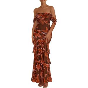 imagePRETTYGARDEN Womens Formal Cocktail Maxi Dresses 2026 Summer Off Shoulder Floral Mesh Bodycon Spring Wedding Guest DressFloral Brown