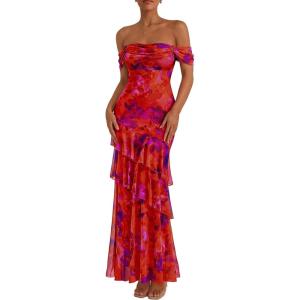 imagePRETTYGARDEN Womens Formal Cocktail Maxi Dresses 2026 Summer Off Shoulder Floral Mesh Bodycon Spring Wedding Guest DressFloral Red
