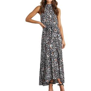 imagePRETTYGARDEN Womens Halter Neck Floral Long Maxi Dress Casual Sleeveless Backless Dresses Loose Ruffle Sundress with BeltBlack Leopard