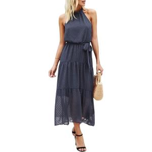 imagePRETTYGARDEN Womens Halter Neck Floral Long Maxi Dress Casual Sleeveless Backless Dresses Loose Ruffle Sundress with BeltPurple Grey