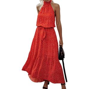 imagePRETTYGARDEN Womens Halter Neck Floral Long Maxi Dress Casual Sleeveless Backless Dresses Loose Ruffle Sundress with BeltRed