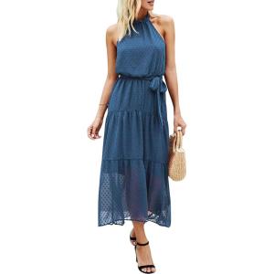 imagePRETTYGARDEN Womens Halter Neck Floral Long Maxi Dress Casual Sleeveless Backless Dresses Loose Ruffle Sundress with BeltSolid Grey Blue