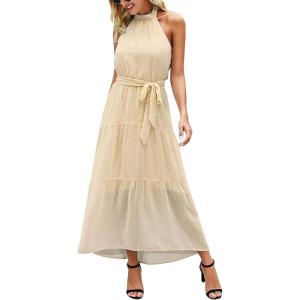 imagePRETTYGARDEN Womens Halter Neck Floral Long Maxi Dress Casual Sleeveless Backless Dresses Loose Ruffle Sundress with BeltSolid Light Yellow