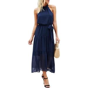 imagePRETTYGARDEN Womens Halter Neck Floral Long Maxi Dress Casual Sleeveless Backless Dresses Loose Ruffle Sundress with BeltSolid Navy
