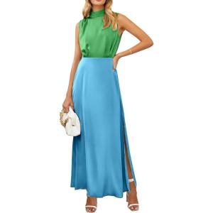 imagePRETTYGARDEN Womens Long Formal Satin Dress Mock Neck Sleeveless Side Slit Flowy Maxi Tank Dresses GreenSky BlueMedium