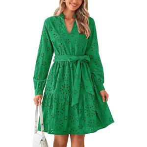 imagePRETTYGARDEN Womens Long Sleeve Spring Dress 2025 Casual Fall V Neck A Line Hollow Out Eyelet Wedding Guest Short Dresses
