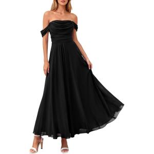 imagePRETTYGARDEN Womens Off Shoulder Maxi Summer Dresses 2026 Elegant Mesh Aline Swing Ruched Flowy Cocktail Wedding Guest DressBlack