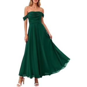 imagePRETTYGARDEN Womens Off Shoulder Maxi Summer Dresses 2026 Elegant Mesh Aline Swing Ruched Flowy Cocktail Wedding Guest DressDark Green