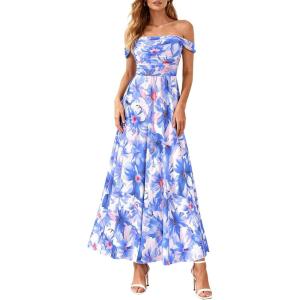 imagePRETTYGARDEN Womens Off Shoulder Maxi Summer Dresses 2026 Elegant Mesh Aline Swing Ruched Flowy Cocktail Wedding Guest DressFloral Blue Pink