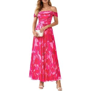 imagePRETTYGARDEN Womens Off Shoulder Maxi Summer Dresses 2026 Elegant Mesh Aline Swing Ruched Flowy Cocktail Wedding Guest DressFloral Rose Red