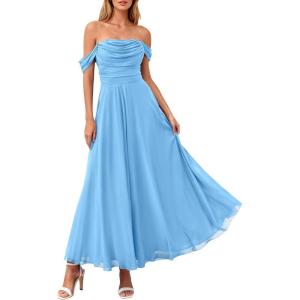 imagePRETTYGARDEN Womens Off Shoulder Maxi Summer Dresses 2026 Elegant Mesh Aline Swing Ruched Flowy Cocktail Wedding Guest DressLight Blue