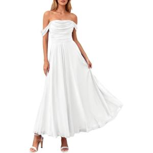 imagePRETTYGARDEN Womens Off Shoulder Maxi Summer Dresses 2026 Elegant Mesh Aline Swing Ruched Flowy Cocktail Wedding Guest DressWhite
