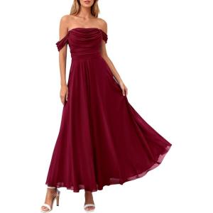 imagePRETTYGARDEN Womens Off Shoulder Maxi Summer Dresses 2026 Elegant Mesh Aline Swing Ruched Flowy Cocktail Wedding Guest DressWine Red