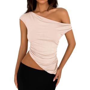 imagePRETTYGARDEN Womens Off The Shoulder Y2K Tops 2026 Summer Sleeveless Asymmetrical Ruched Going Out Tank Top Fashion ClothingBeige