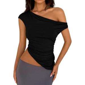 imagePRETTYGARDEN Womens Off The Shoulder Y2K Tops 2026 Summer Sleeveless Asymmetrical Ruched Going Out Tank Top Fashion ClothingBlack