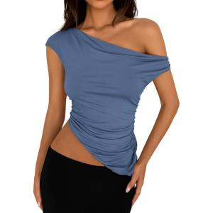 imagePRETTYGARDEN Womens Off The Shoulder Y2K Tops 2026 Summer Sleeveless Asymmetrical Ruched Going Out Tank Top Fashion ClothingGrey Blue