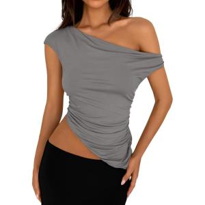 imagePRETTYGARDEN Womens Off The Shoulder Y2K Tops 2026 Summer Sleeveless Asymmetrical Ruched Going Out Tank Top Fashion ClothingLight Grey