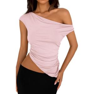 imagePRETTYGARDEN Womens Off The Shoulder Y2K Tops 2026 Summer Sleeveless Asymmetrical Ruched Going Out Tank Top Fashion ClothingLight Pink