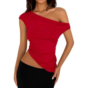 imagePRETTYGARDEN Womens Off The Shoulder Y2K Tops 2026 Summer Sleeveless Asymmetrical Ruched Going Out Tank Top Fashion ClothingRed