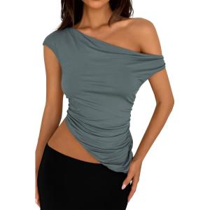 imagePRETTYGARDEN Womens Off The Shoulder Y2K Tops 2026 Summer Sleeveless Asymmetrical Ruched Going Out Tank Top Fashion ClothingSage Green